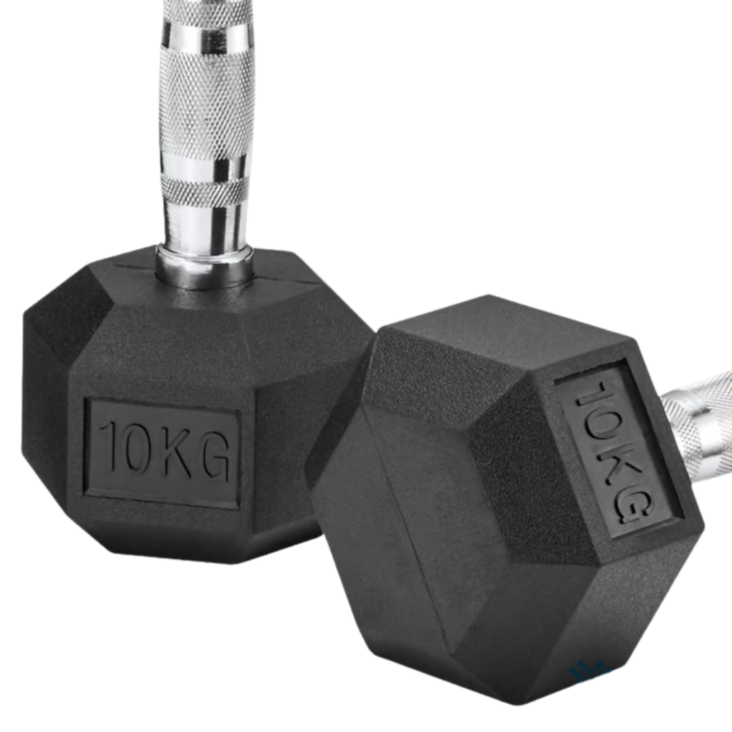 Par de mancuerna hexagonal de caucho (10 kilos)